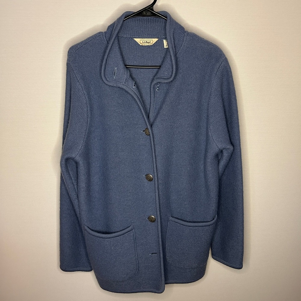L.L. Bean Blue 100% Wool Button Front Cardigan Sweater Women Small AS‎ IS